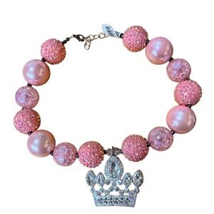 Girls Big‎ Bling Pink Beaded Sparkly Necklace with Jewel Crown Pendant NWT